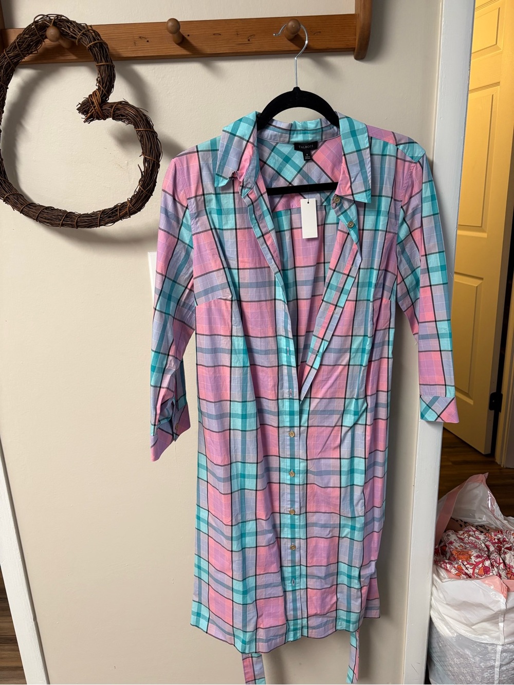 NWT Pastel Plaid Button-Down Shirt Dress - Pink & Teal